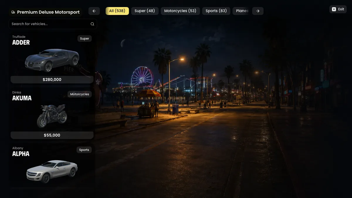 Dealership FiveM vehicleshop, The showroom: Browsing, not scrolling a menu